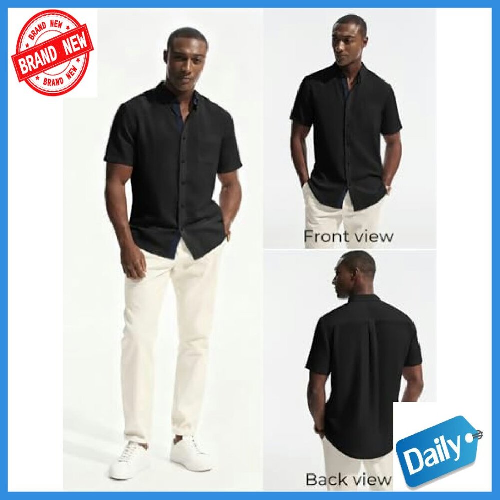 Men's Linen Blend Button Down Short Sleeve Shirt Casual Business Style - Picture 5 of 7